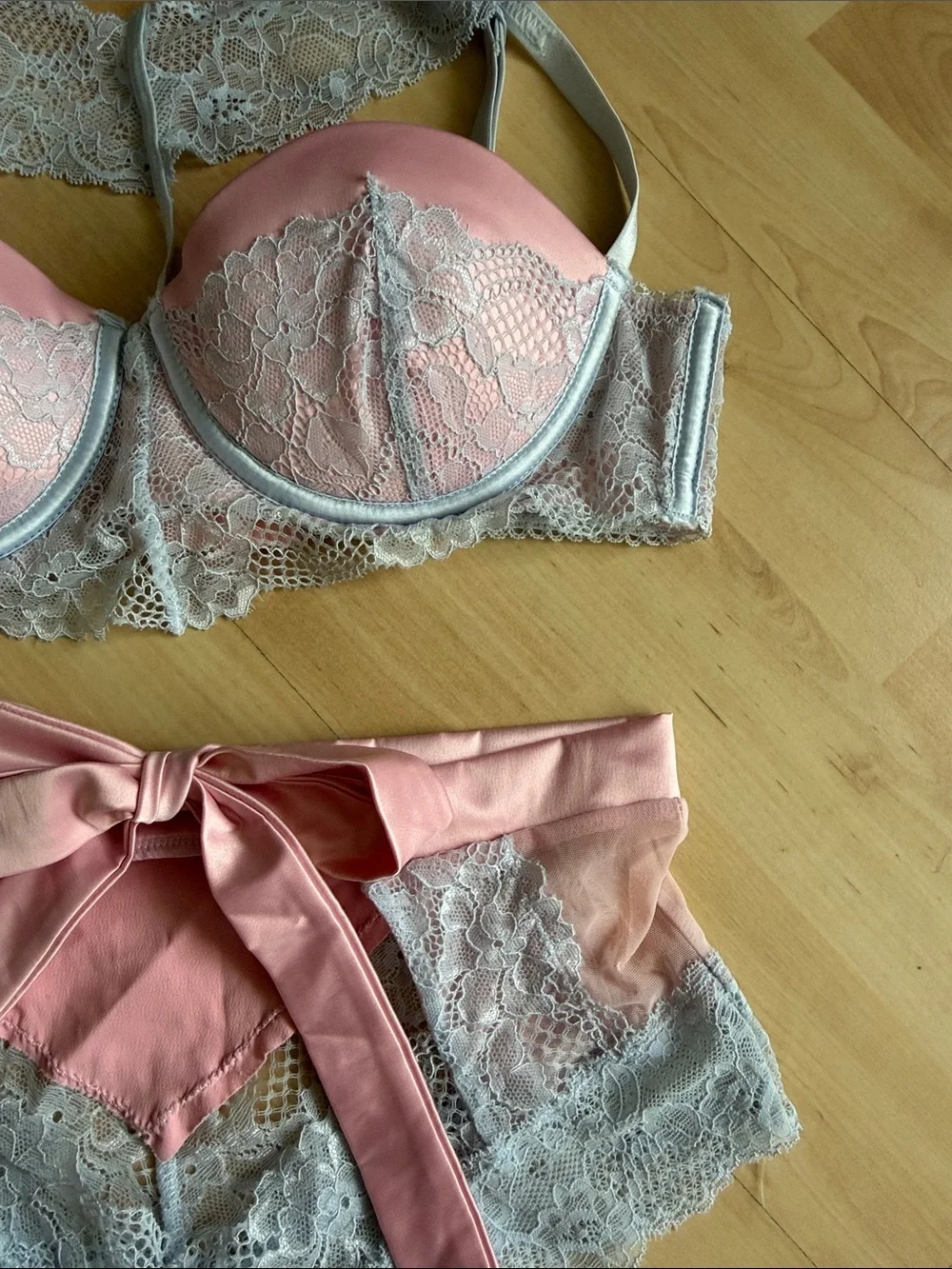 Delicate Pink & Gray Lace Bra and Brief Set